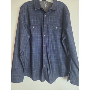 NICOBY Men Blue Grey Plaid Stretch Flannel Long Sleeve  Button Down Shirt Large
